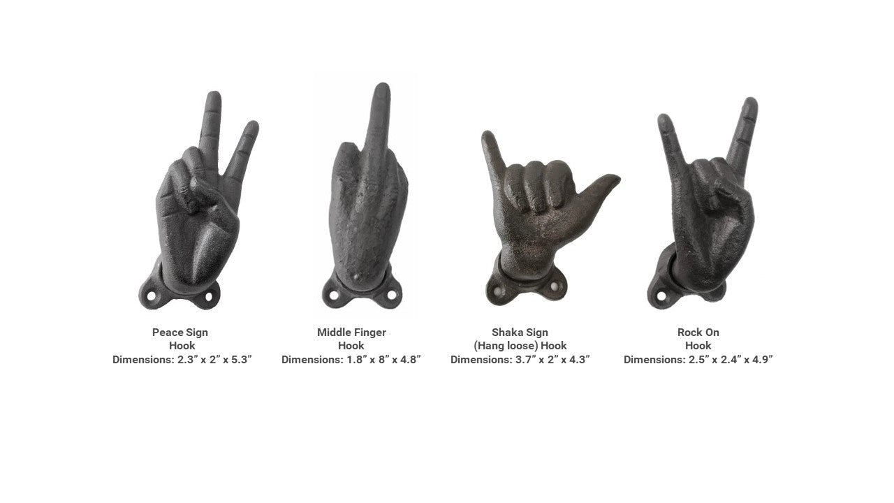 Cast Iron Rock On/Peace/Hang Ten/Middle Finger Hooks