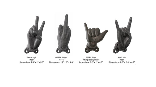 Black Cast Iron Rock On/Peace/Hang Ten/Middle Finger Hooks